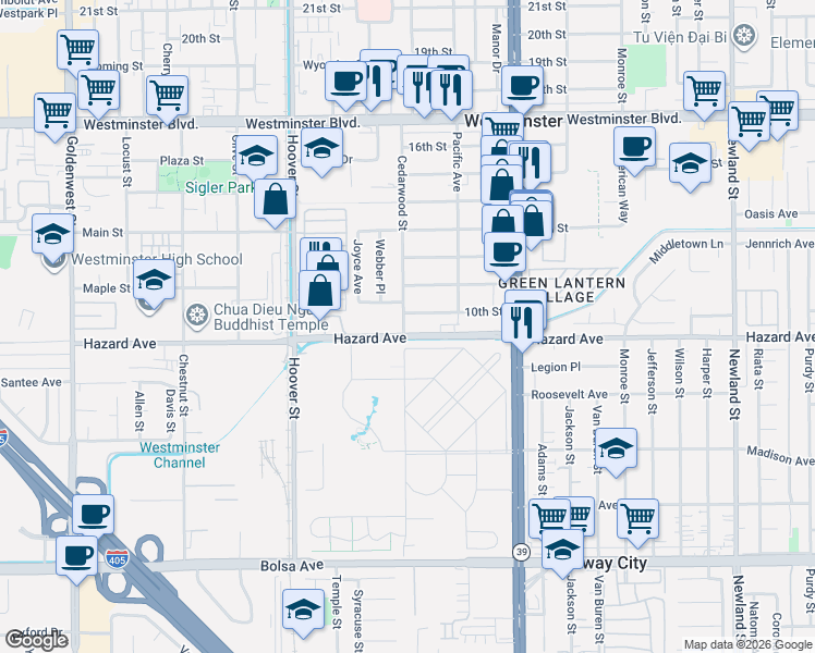 map of restaurants, bars, coffee shops, grocery stores, and more near 14451 Cedarwood Street in Westminster