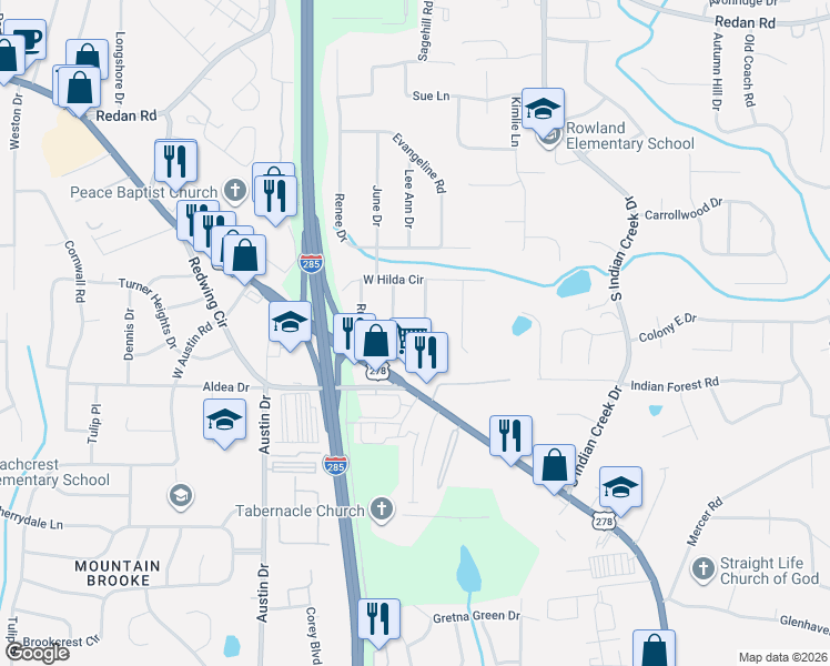 map of restaurants, bars, coffee shops, grocery stores, and more near 3989 East Hilda Circle in Decatur
