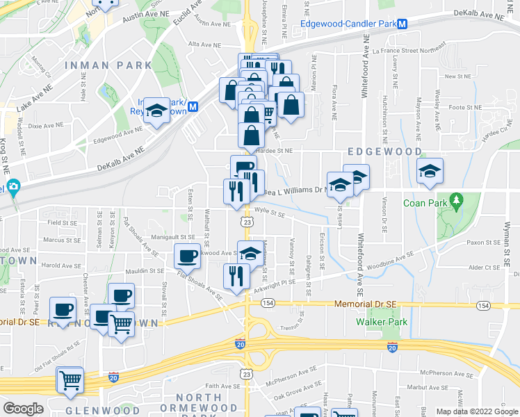 map of restaurants, bars, coffee shops, grocery stores, and more near 1192 Wylie Street Southeast in Atlanta