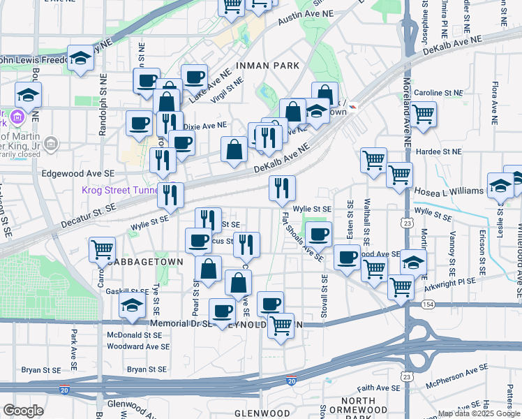 map of restaurants, bars, coffee shops, grocery stores, and more near 887 Wylie Street Southeast in Atlanta