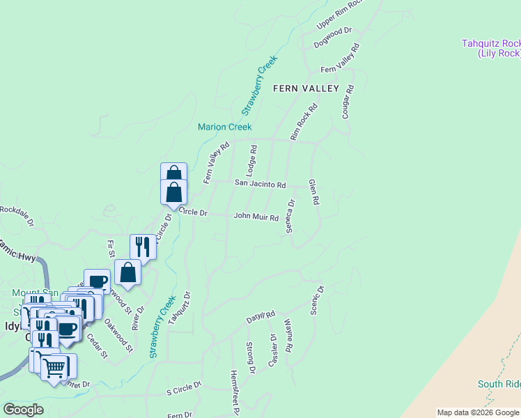 map of restaurants, bars, coffee shops, grocery stores, and more near 25430 Palomar Road in Idyllwild-Pine Cove