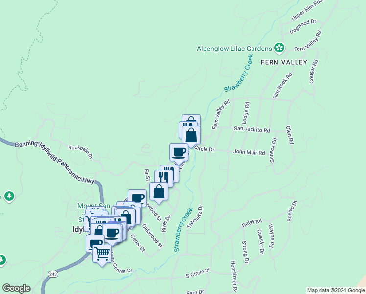 map of restaurants, bars, coffee shops, grocery stores, and more near 54900 Pinecrest Avenue in Idyllwild-Pine Cove