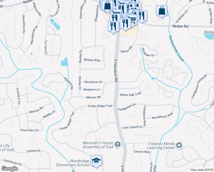map of restaurants, bars, coffee shops, grocery stores, and more near 4711 Mercer Road in Stone Mountain