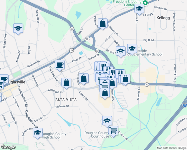 map of restaurants, bars, coffee shops, grocery stores, and more near 8306 Triple Crown Drive in Douglasville