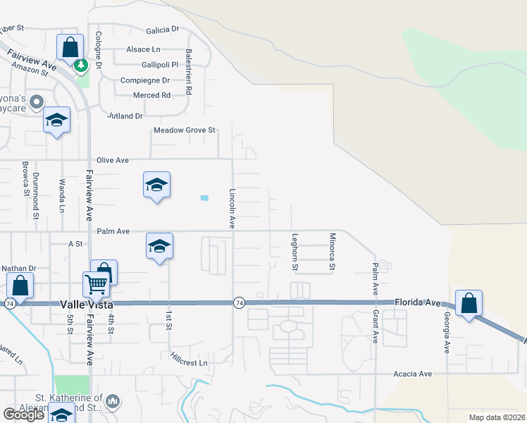 map of restaurants, bars, coffee shops, grocery stores, and more near 44602 Harvey Way in Hemet