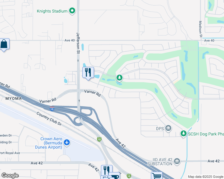 map of restaurants, bars, coffee shops, grocery stores, and more near 40798 Calle Santa Cruz in Indio