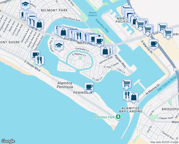 map of restaurants, bars, coffee shops, grocery stores, and more near 51 Sicilian Walk in Long Beach