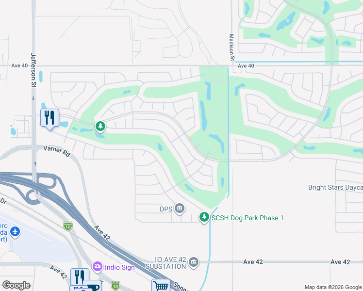 map of restaurants, bars, coffee shops, grocery stores, and more near 80749 Avenida Santa Carmen in Indio