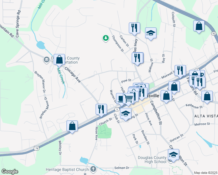 map of restaurants, bars, coffee shops, grocery stores, and more near 8365 Warren Drive in Douglasville