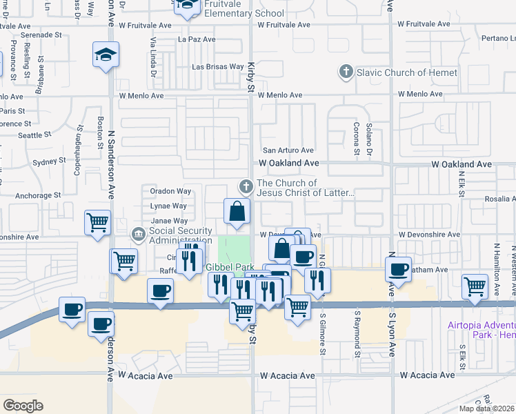 map of restaurants, bars, coffee shops, grocery stores, and more near 389 Antigua Street in Hemet