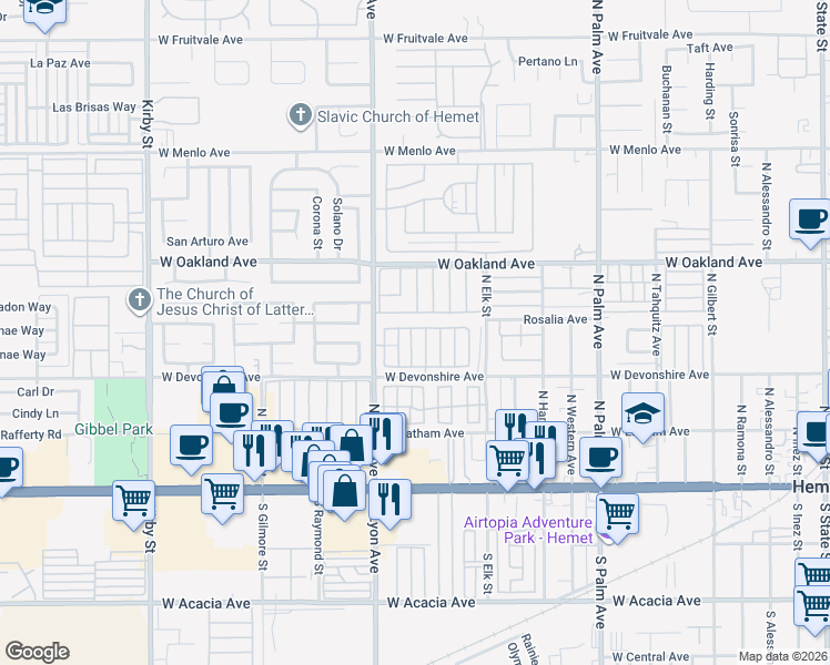 map of restaurants, bars, coffee shops, grocery stores, and more near 332 North Lyon Avenue in Hemet