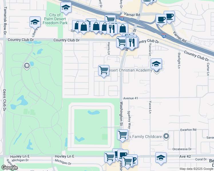 map of restaurants, bars, coffee shops, grocery stores, and more near 77917 Calypso Road in Palm Desert