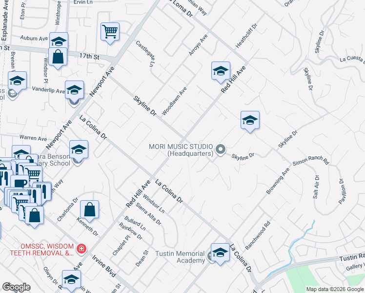 map of restaurants, bars, coffee shops, grocery stores, and more near 12261 Red Hill Avenue in Santa Ana