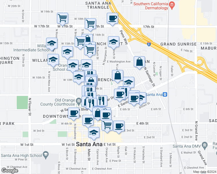 map of restaurants, bars, coffee shops, grocery stores, and more near 916 North Spurgeon Street in Santa Ana