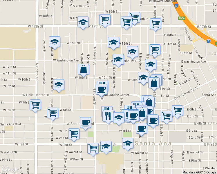map of restaurants, bars, coffee shops, grocery stores, and more near 835 North Parton Street in Santa Ana