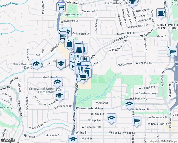 map of restaurants, bars, coffee shops, grocery stores, and more near 1323 West Park Western Drive in Los Angeles