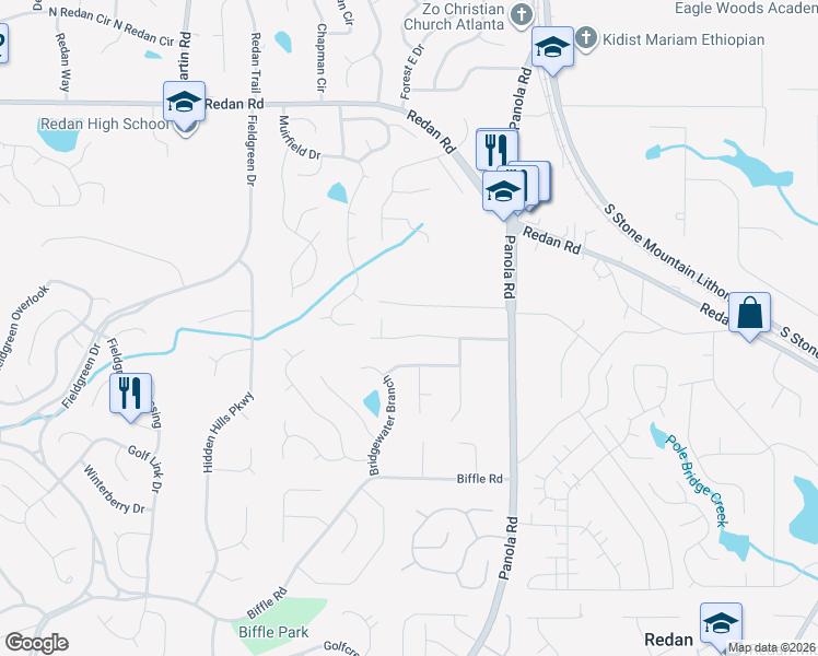 map of restaurants, bars, coffee shops, grocery stores, and more near 5372 Windfern Court in Stone Mountain