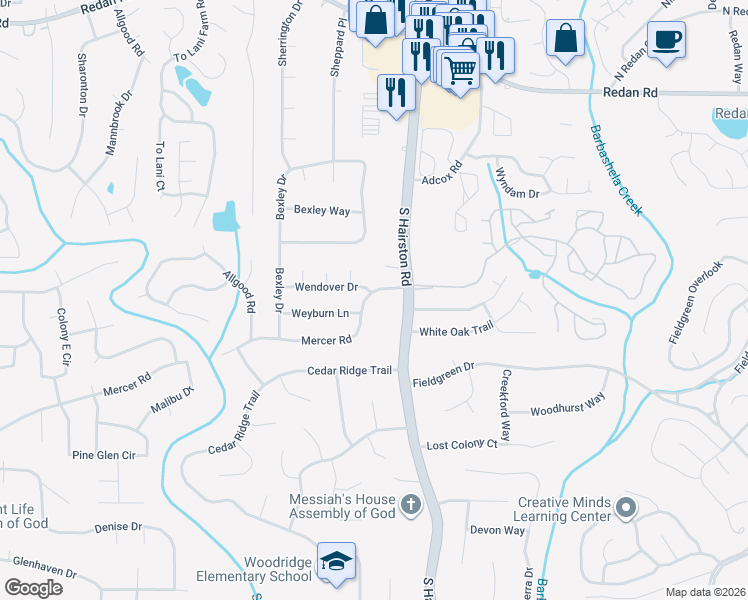 map of restaurants, bars, coffee shops, grocery stores, and more near 4711 Mercer Road in Stone Mountain