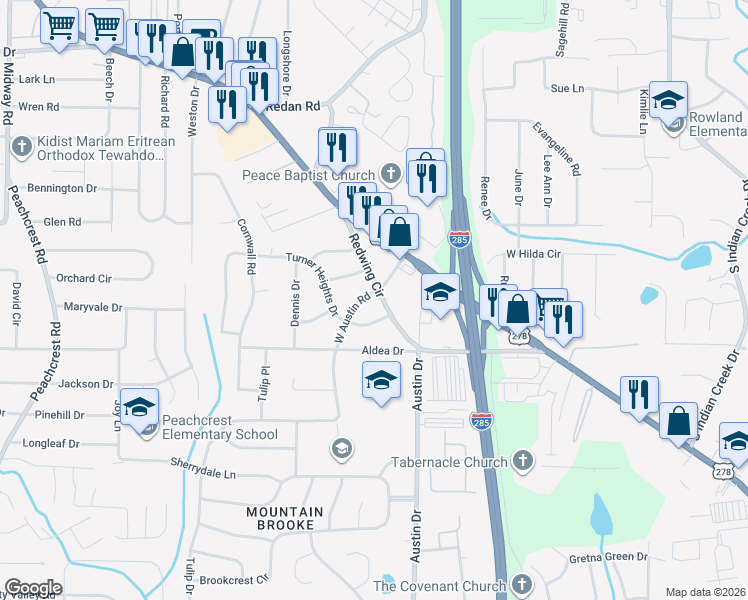 map of restaurants, bars, coffee shops, grocery stores, and more near 1367 West Austin Road in Decatur