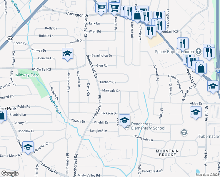 map of restaurants, bars, coffee shops, grocery stores, and more near 3592 Orchard Circle in Decatur
