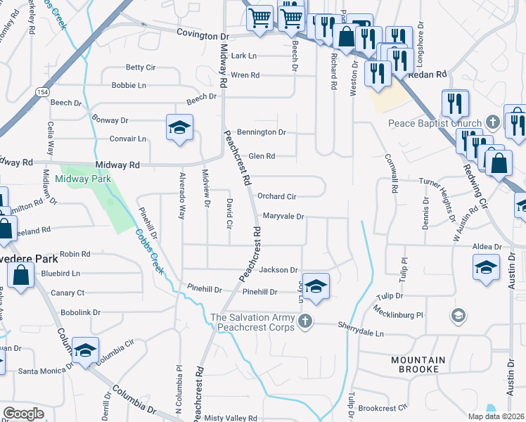 map of restaurants, bars, coffee shops, grocery stores, and more near 3636 Orchard Circle in Decatur