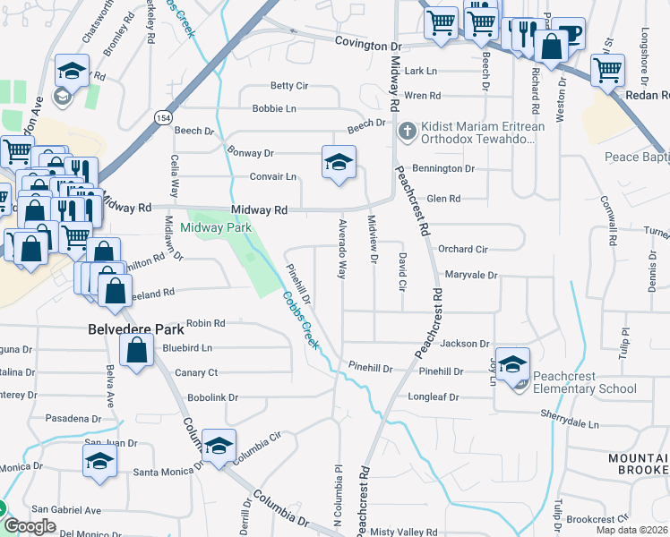 map of restaurants, bars, coffee shops, grocery stores, and more near 1380 Sandy Lane in Decatur