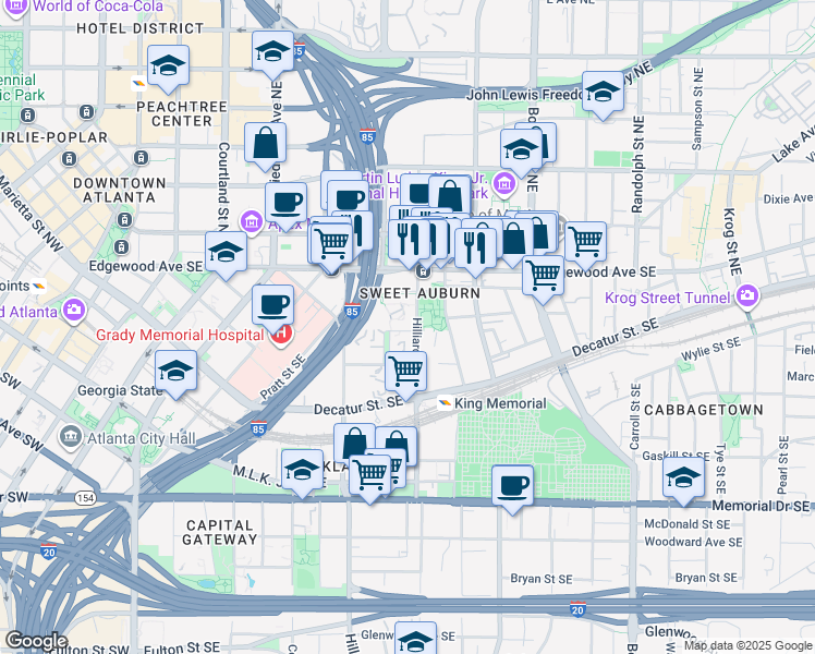 map of restaurants, bars, coffee shops, grocery stores, and more near 98 William Holmes Borders Senior Drive Southeast in Atlanta