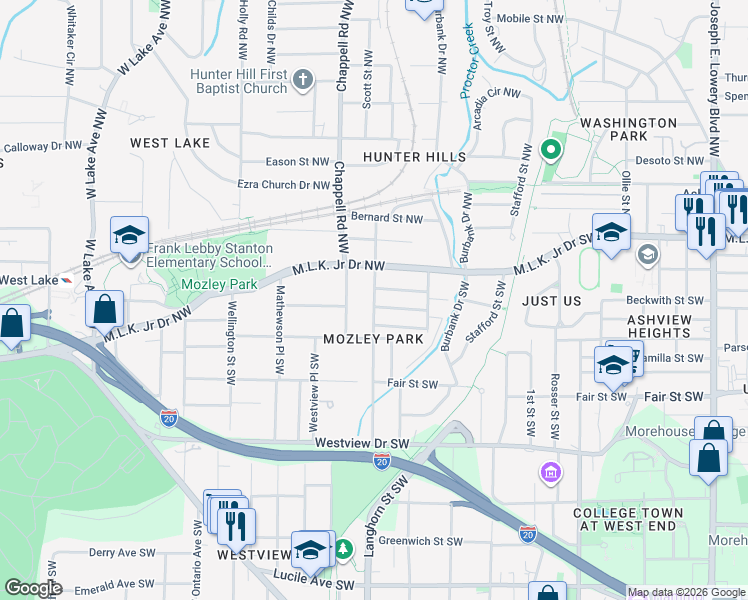 map of restaurants, bars, coffee shops, grocery stores, and more near 76 Chicamauga Avenue Southwest in Atlanta