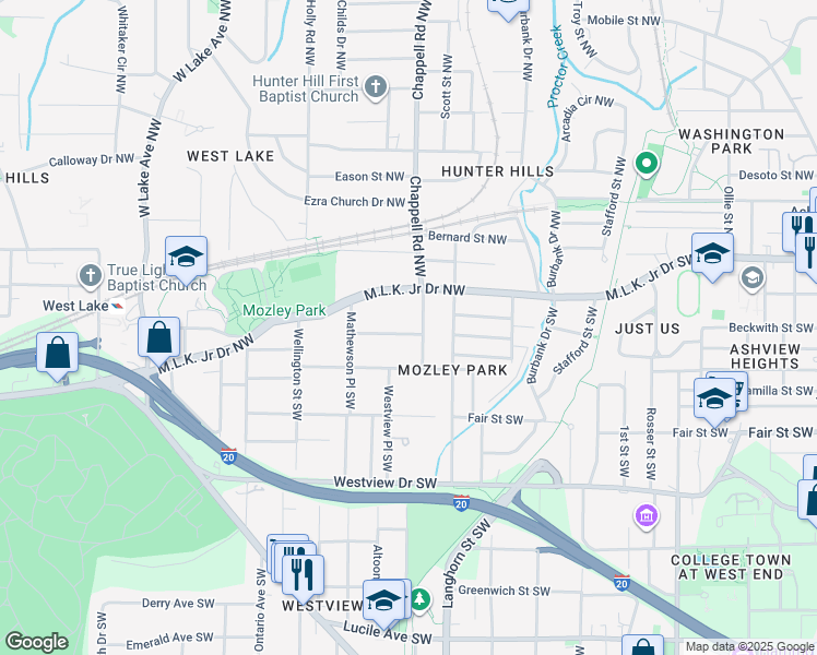 map of restaurants, bars, coffee shops, grocery stores, and more near 79 Chappell Road Southwest in Atlanta