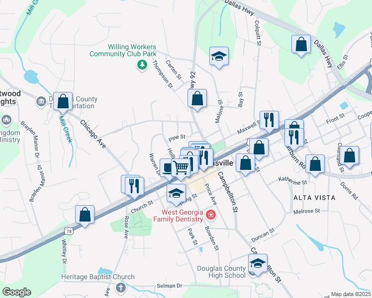 map of restaurants, bars, coffee shops, grocery stores, and more near 8313 92 Dallas Highway in Douglasville