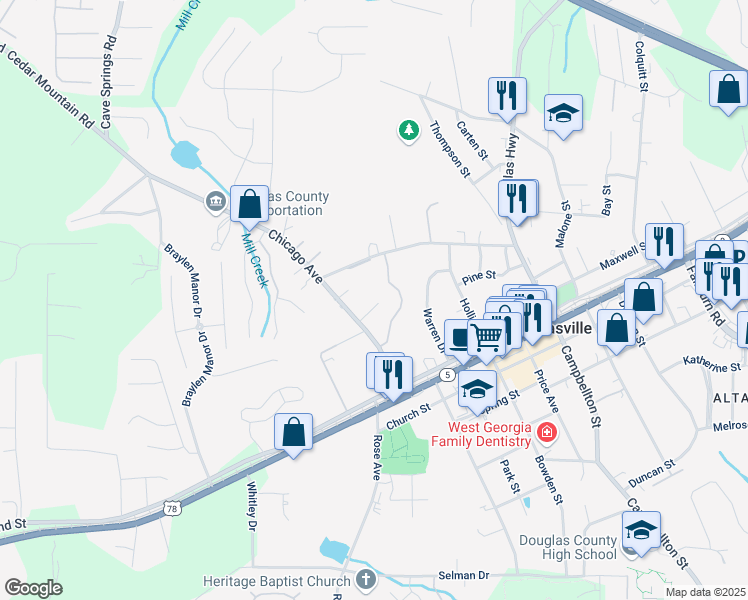map of restaurants, bars, coffee shops, grocery stores, and more near 8405 Military Way in Douglasville