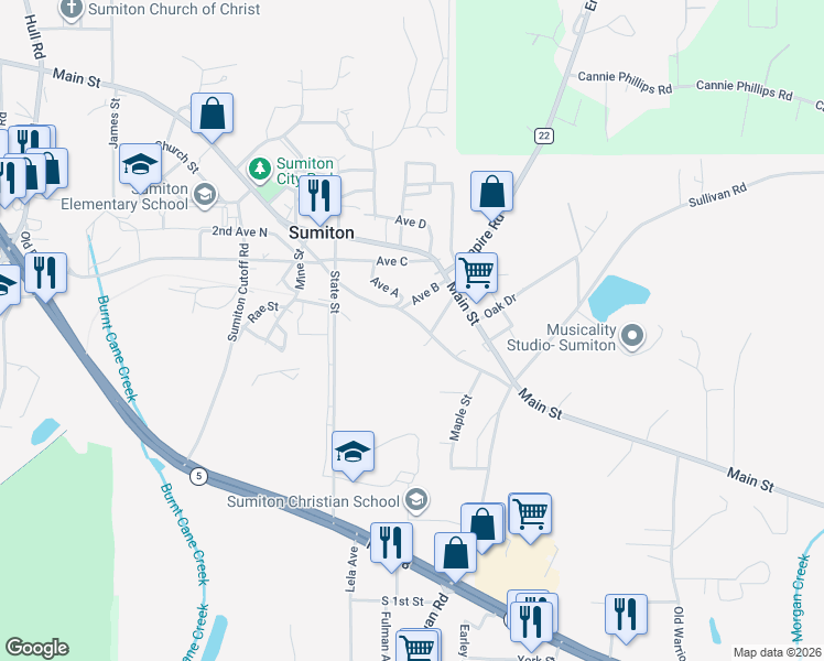 map of restaurants, bars, coffee shops, grocery stores, and more near Old Birmingham Road in Sumiton