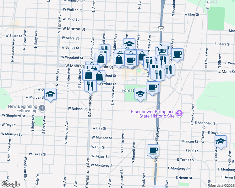 map of restaurants, bars, coffee shops, grocery stores, and more near 320 South Mirick Avenue in Denison