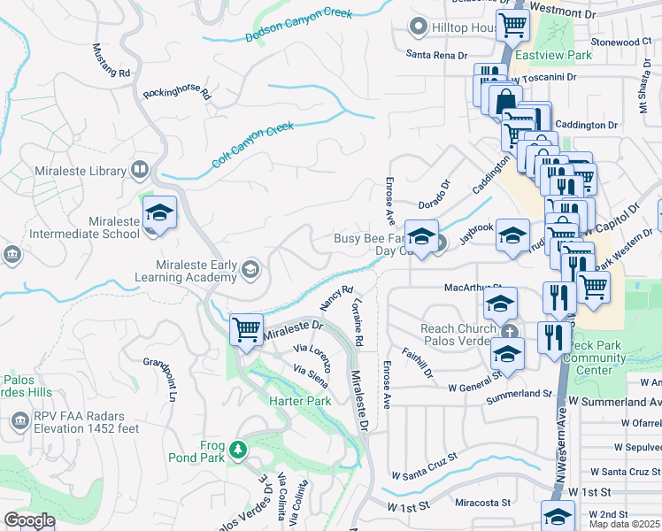 map of restaurants, bars, coffee shops, grocery stores, and more near 6432 Via Canada in Rancho Palos Verdes