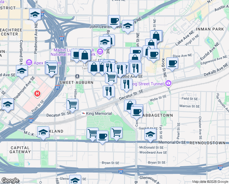 map of restaurants, bars, coffee shops, grocery stores, and more near 50 Daniel Street Southeast in Atlanta