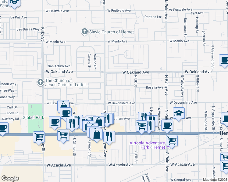 map of restaurants, bars, coffee shops, grocery stores, and more near 332 North Lyon Avenue in Hemet