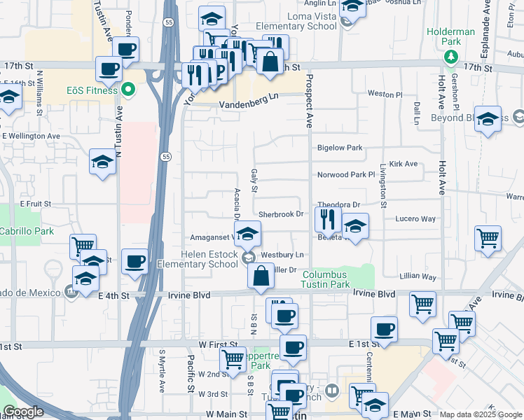 map of restaurants, bars, coffee shops, grocery stores, and more near 17511 Sherbrook Drive in Tustin