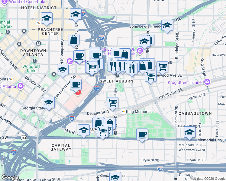 map of restaurants, bars, coffee shops, grocery stores, and more near 98 William Holmes Borders Senior Drive Southeast in Atlanta