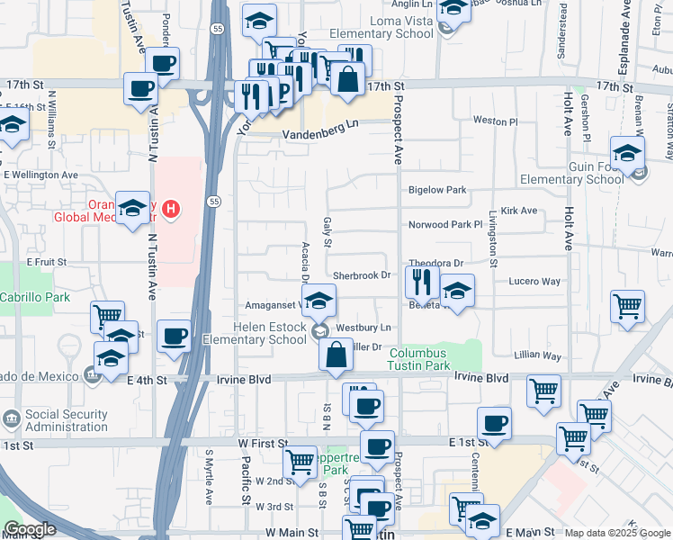 map of restaurants, bars, coffee shops, grocery stores, and more near 17511 Sherbrook Drive in Tustin