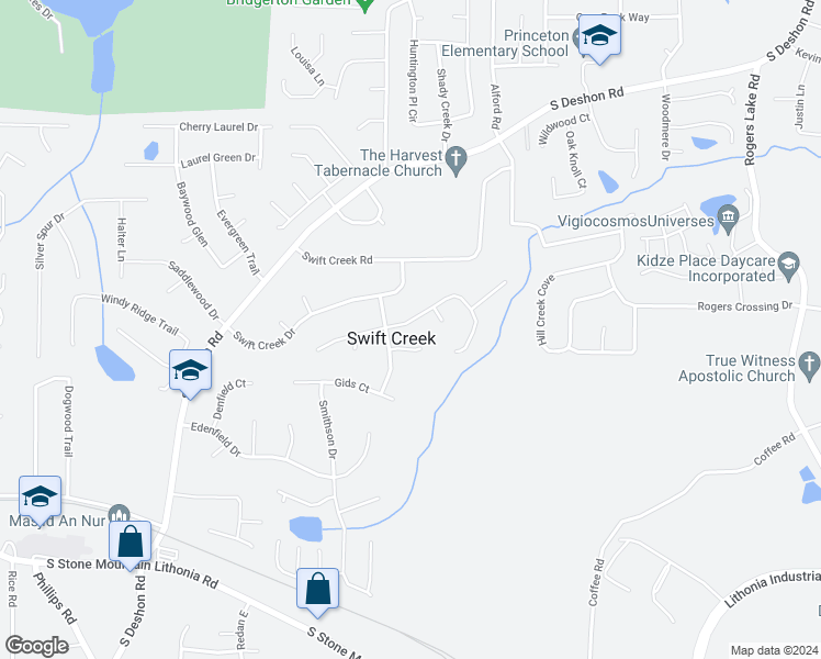 map of restaurants, bars, coffee shops, grocery stores, and more near 6533 Rebecca Lou Lane in Lithonia