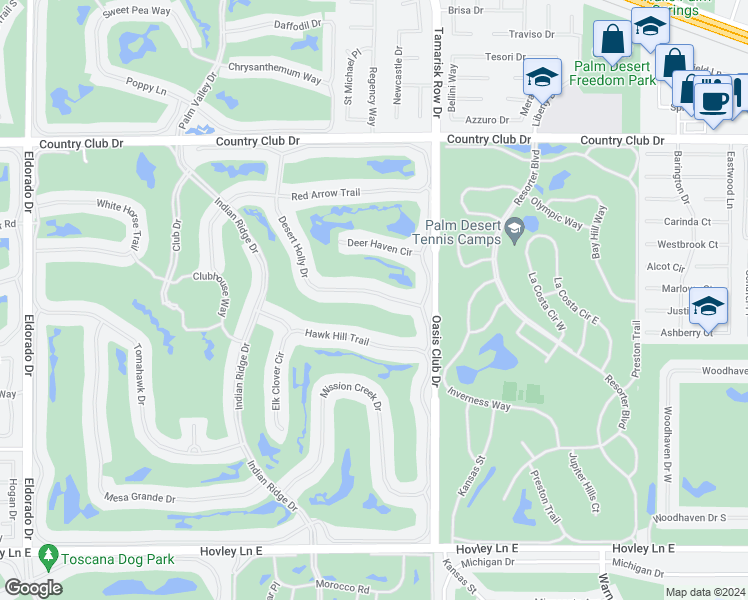map of restaurants, bars, coffee shops, grocery stores, and more near 473 Desert Holly Drive in Palm Desert