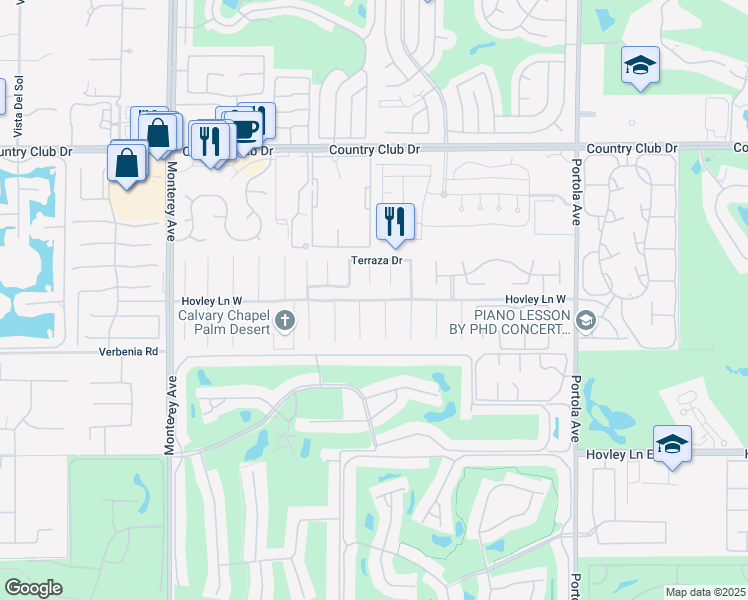 map of restaurants, bars, coffee shops, grocery stores, and more near Hovley Lane West in Palm Desert