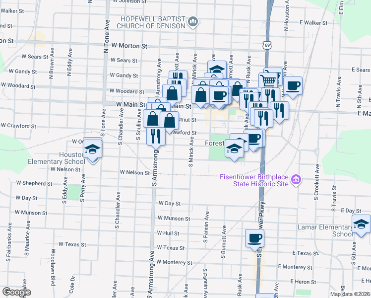 map of restaurants, bars, coffee shops, grocery stores, and more near 320 South Mirick Avenue in Denison