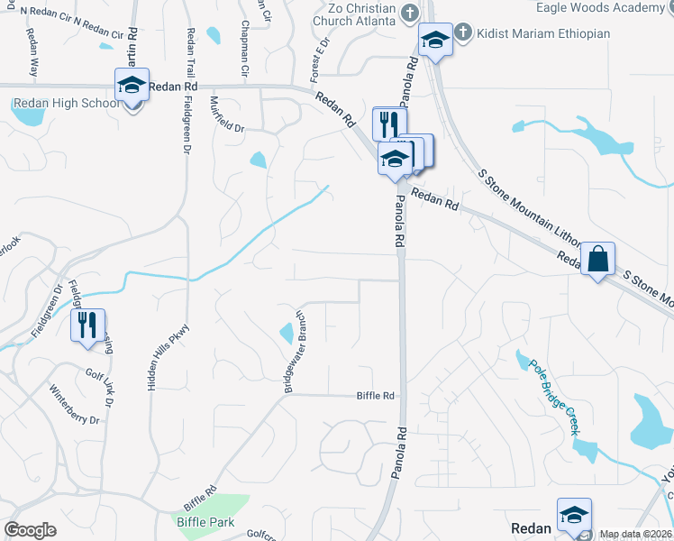map of restaurants, bars, coffee shops, grocery stores, and more near 5408 Windfern Court in Stone Mountain