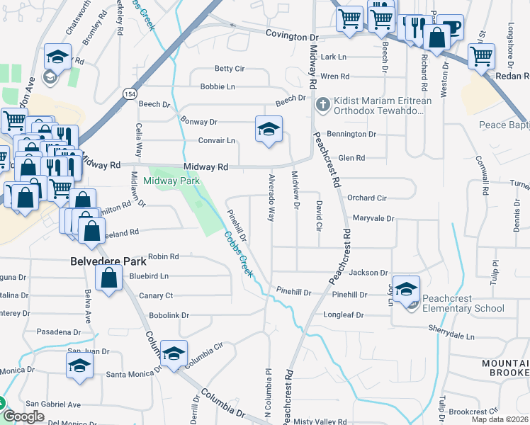map of restaurants, bars, coffee shops, grocery stores, and more near 1380 Sandy Lane in Decatur
