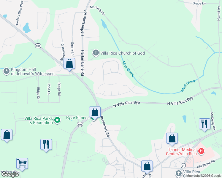 map of restaurants, bars, coffee shops, grocery stores, and more near 1017 Buckeye Lane in Villa Rica
