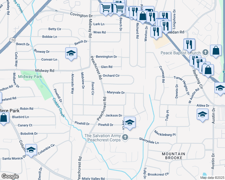 map of restaurants, bars, coffee shops, grocery stores, and more near 3456 Maryvale Drive in Decatur