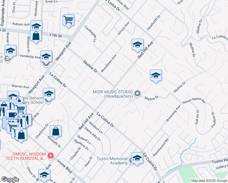 map of restaurants, bars, coffee shops, grocery stores, and more near 12261 Red Hill Avenue in Santa Ana