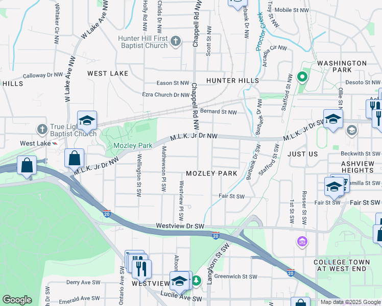 map of restaurants, bars, coffee shops, grocery stores, and more near 79 Chappell Road Southwest in Atlanta