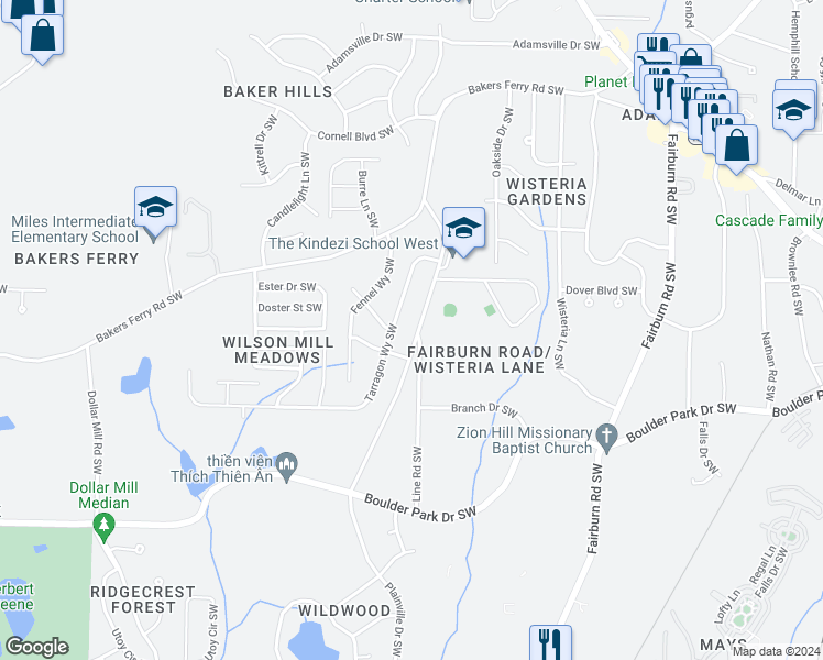 map of restaurants, bars, coffee shops, grocery stores, and more near 379 Wilson Mill Road Southwest in Atlanta